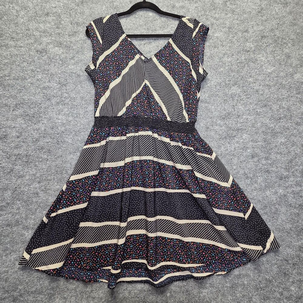 American Rag Dress Womens Large Dot Stripe Geometric V Neck Cap Sleeve